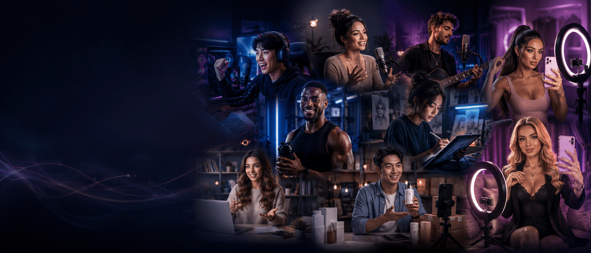 Diverse creators streaming, podcasting, making music, art, fitness, and live content